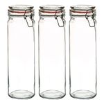 Argon Tableware 3x 2000ml (2 Litre) Clear Glass Spaghetti Jars with Orange Airtight Silicone Seal and Metal Clip Lids - 70.3oz Empty Tall Pasta Kitchen Containers