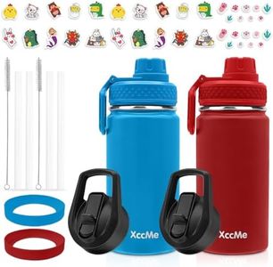 XccMe 16oz Kids Water Bottle,2 Pack Stainless Steel Drink Flask with 4 Lids,Plastic Straws,Straws Brushs,Silicone Pad,Cute Stickers,Double Wall Insulated Thermos for School Girls and Boys (Blue+Red)