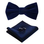 HOULIFE Bow Tie Set for Men – Adjustable Velvet Pre-tied Bowtie, Solid Colour Pocket Square, Cufflinks Set for Groom Wedding Party Formal with Gift Box, Navy blue