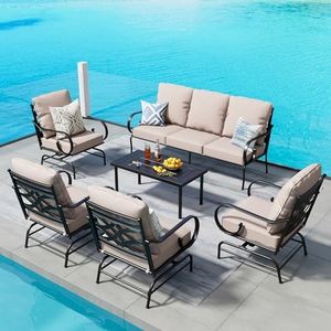 PHI VILLA Metal Patio Outdoor Furniture Sets,All-Weather Steel Frame Patio Conversation Sets for Backyard, Porch and Garden（Beige, 6 pcs w/Table）