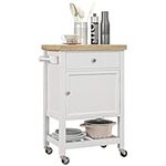 HOMCOM Utility Kitchen Cart, Rolling Kitchen Island with Rubberwood Top, Narrow Butcher Block Table on Wheels with Storage Drawer and Cabinet, White