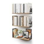 CASSA Wall Mounted Floating Book Shelves for Wall Set of 3, Natural Shelf Bookshelf for Bedroom Living Room Office Bathroom Kitchen Rustic Wood with Metal Bracket