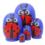 Set of 5 Cute Egg Shape Ladybug Theme Blue Hand Painted Animal Stacking Toy Handmade Russian Nesting Doll for Kids Toy Birthday