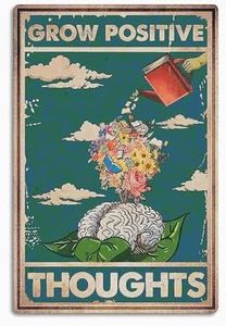 CUUCTGDA Vintage wall art Grow Positive Thoughts Tin Signs Green Boho Wall Decor Flower Head Girl Poster Boys' room decoration Home Kitchen Office Classroom Cafe Bar Decor Aesthetic 8x12 Inch