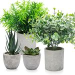 4 Set Artificial Plants Indoors in Pots Plastic Potted, Eucalyptus, Rosemary, Small Fake Succulents Faux Plants for Office Desk Bedroom Kitchen House Decoration