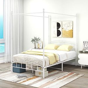 ARFARLY Lit à baldaquin double en métal - Cadre de lit à lattes - Meuble de chambre à coucher - Blanc - 120 x 200 cm