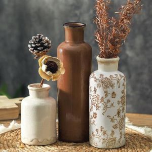 Vintage Vase Set of 3, Ceramic Vintage Flower Vases, Chinoiserie Decorative Home Decor Retro Floral Vase Rustic Farmhouse Decor for Table Bookshelf Mantel Kitchen Living Room Office - Brown