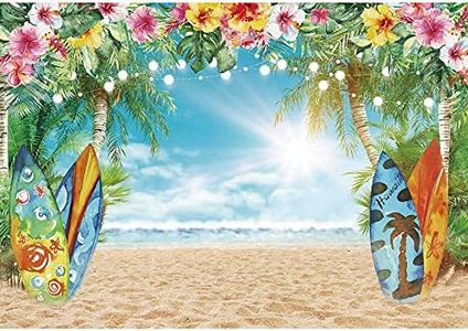 Felortte 7x5FT Polyester Fabric Summer Hawaiian Beach Backdrop Sky Ocean Tropical Flower Palm Leaves Surfboard Photography Background for Luau Aloha Party Decoration Banner Picture Photo Booth2