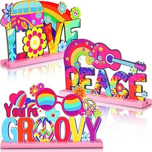 3 Pcs Groovy 60's Party Supplies Hippie Party Wooden Centerpieces for Tables Decorations Peace Sign Table Tie Dye Party Table Topper Centerpiece Sign for 60s 70s Hippy Birthday Party, 7.87 x 4.72 Inch