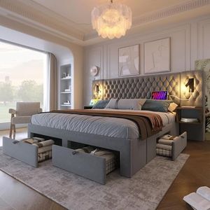 Lit 180x200 avec Sommier LED et USB, Lit Coffre 180x200 avec 4 Tiroirs 2 Tables de Chevet et Tete de Lit, Lit Double avec à Lattes, Lit 2 Personnes Lit Rembourré Cadre de lit 180x200(Sans Matelas)