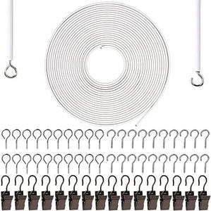 White Curtain Wire 10 Meter Wall Decor Picture Hanging Kit with 20 Pairs of Screw Eyes and Hooks 16 Clips for Net Curtain Rods Clothesline Hanging Decor