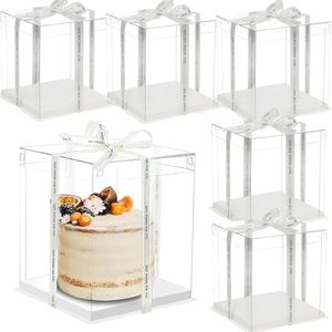 LyyGuanYoo 6 Pack Clear Cake Box, Transparent Cake Box for 2 Tiered Cake, 8x8x9Inch Tall Cake Carrier Box with Sturdy Board for Bakery Dessert Bread Pastry Birthday Parties Wedding Graduation