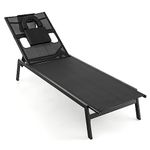 COSTWAY Garden Sun Lounger, 5 Positions Adjustable Chaise Lounge Deck Sunbed with Detachable Head Pillows and Reading Hole, Metal Frame Outdoor Sunbathing Recliner Chair for Patio, Beach and Poolside