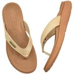 ONCAI Orthotic Flip Flops for Women,Comfortable Leather Strap Arch Support Summer Beach Flip Flops with Soft Cushion Yoga Foam Rubber Soles Gold Size 7