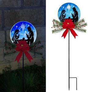 BVLFOOK Nativity Scene Christmas Decorations Outdoor, 36" Jesus Solar Christmas Decor Metal Yard Stake, Outdoor Garden Decor Blue Stained Glass with Decorative Floral Path Light