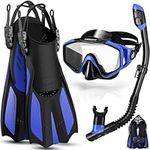 Odoland Snorkel Set with Diving Mask and Swim Fins, Wide View Dry Top Scuba and Flippers, Anti-Fog Anti-Leak Snorkeling Gear for Men Women Adult and Youth Blue M