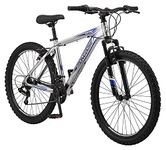 Mongoose Flatrock 21-Speed Hardtail Mountain Bike, 26-Inch Wheels, for Men and Women, Front Suspension, 17-Inch Lightweight Aluminum Frame, Silver