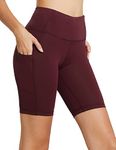 BALEAF Women's Shorts Biker High Waisted Shorts Workout Summer Athletic Gym Yoga Shorts Pockets Wine Red 8" Size M