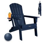 Plawdlik Folding Adirondack Chair, SGS Tested, Wooden Textured with Cup Holder, Heavy All-Weather HDPE Comfortable Set Poolside Backyard Lawn Navy Blue