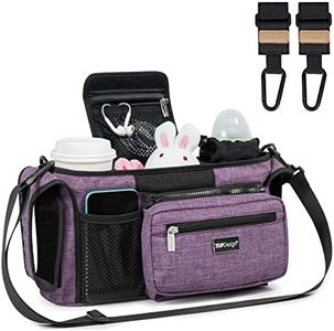 TOPDesign Universal Baby Stroller Organizer, Stroller Caddy with Heightened Insulated Cup Holders & Non-Slip Secure Hooks Accessories, Fits Most Strollers, Machine Washable (Purple)