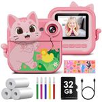 GREENKINDER Kids Camera Instant Print, Kids Camera for Girls with 32GB Card & 3 Rolls Print Paper, 2.4'' 1080P Instant Camera for Kids, 5 Colour Pens, Kids Digital Camera for Girls 3-12 Years Old