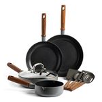 GreenPan Mayflower Pro Hard Anodized Healthy Ceramic Nonstick, 9 Piece Cookware Set, Inclu. Fry Pan Saucepan, Sauté Pans & Utensils, Vintage Wood Handle, PFAS-Free, Induction Suitable, Charcoal Gray