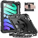 Timecity iPad Mini 6 Case 2021 with Screen Protector Rotating Stand, Hand/Shoulder Strap Support Pencil 2 Charging & Holder Shockproof Protective Case for iPad Mini 6th Generation Case 8.3'', Black