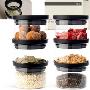 KIVY Glass spice jars transparent Glass Lid [6x 12oz] Stackable & Airtight small glass jars - Spice containers - Seasoning jars tea - Spice storage containers - Spice jars with black lids & labels