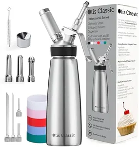 Whipped Cream Dispenser Stainless Steel - Professional Whipped Cream Maker - Gourmet Cream Whipper - Large 500ml / 1 Pint Canister - 3 Decorating Nozzles, 4 Injector Tips and 5 Colored Silicone Grips