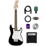 Fender Squier 3/4 Size Kids Mini Strat Electric Guitar Learn-to-Play Bundle w/ Amp, Cable, Tuner, Strap, Picks, Fender Play Online Lessons, and Austin Bazaar Instructional DVD - Black