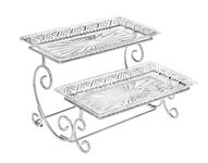 Godinger Silver Art Dublin 2 Tiered Glass Buffet Serving Tray - Chrome Plated Platter Stand with Starburst Design - Party and Event Dessert and Food Display Server