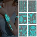 6 Sheets Temporary Tattoos Henna Tattoo Kit, Glow in the Dark Tattoos, Temporary Tattoos Adult for Men or Women, Fake Tattoo is Suitable for Dance Floor Party Holiday Party Decoration