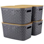 Plastic Storage Bins with Bamboo Lids Set of 4 - Pantry Organization and Storage Containers Storage Baskets Shelf Organizer Bins for Shelves Drawers Desktop Closet Playroom Classroom Office, Gray