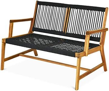 DORTALA Outdoor Patio Bench, Acacia Wood Bench in Teak Oil Finish, Outdoor Garden Furniture, Patio Loveseat Rope Bench for Balcony Deck Poolside Porch, Black