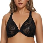 MELENECA Women's Front Fastening Underwire Plus Size Racerback Non Padded Sexy Lace Bra Black 34D