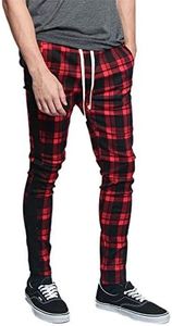 Men's Plaid Checkered Tartan Outer Side Stripe Inseam Ankle Zipper Drawstring Premium Track Pants TR537 - Red - Medium - JJ5E