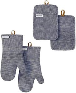 KitchenAid Oven Gloves Set, 2 x Gloves, 2 x Pot Holders, Silicone-Coated, 260 °C (2 x Oven Mitts & 2 x Pot Holder), Blue/Blue 1836