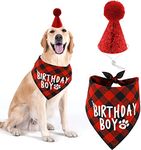 KUTKUT Boy Bandana and Hat Set “Birthday Boy” Print Plaid Dogs Party Supplies Triangle Scarf Bibs for Small Medium Large Pets Red