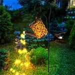 Hands DIY Solar Watering Can Light, Large Watering Can Solar Lights Garden Ornaments, Outdoor Waterproof Waterfall String Lights Retro Metal Garden Fairy Lights with Bracket for Pathway Patio Yard