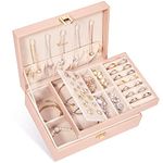 Voova Jewellery Box Organiser for Women Girls, 2 Layers Large Jewelry Storage Case, PU Leather jewlerrying Display Holder with Removable Tray for Necklace Earrings Rings Bracelets, Pink