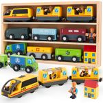 Atoylink Train Set Toys Electric Locomotive Wooden Train Cars Magnetic Connection Kids Play Vehicles Workers Building Montessori Wooden Train Toys Toddler Boys Toys Gifts for Kids 3 4 5 6 Years Old