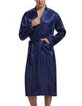 Irdcomps Men's Kimono Dressing Gown Silk Robes Satin Long Bathrobe Lightweight Nightgown Classic Nightwear Long Sleeve Sleepwear with Pockets Loungewear Blue M