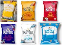 Kettle Hand cooked Crisps Potato Chips Light salted Cheddar & Red Onion Sea Salt & Vinegar Black Pepper and Sweet Chilli Sour Cream 40g x 18 Packs + 2 Packs of Lightly Salted and Sweat Salted Popcorn