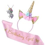 FancyDressWale Unicorn Birthday Set,Shiny Unicorn Headband,Necklace and Birthday Sash Set Perfect Unicorn Theme Birthday Party Supplies, Pink