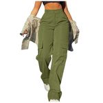 Lightning Deals Cargo Pants for Women UK Y2k Baggy Elastic High Waist Wide Leg Workwear Trousers Daily Solid Color Casual Relaxed Hiking Combat Sweatpants with Side Pockets (B-Green, XL)