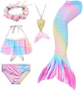 5Pcs Girls Swimsuit Mermaid Tails for Swimming Kids Bikini Costume Sets with Flower Headband (No Monofin) (GB15-G,5-6 Years)