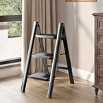 waqif 3 Step Ladder,Lightweight Folding Step Stool with Anti-Slip Pedal 200kg Portable Sturdy Steel Ladder for Adults,Multi Purpose Folding Ladder for Home Kitchen Office,Space Saving, Black