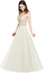 MisShow Women's Elegant Bride Dress,Chiffon A line Lace Sleeveless Round Neck Appliques Long Wedding Dress White 10