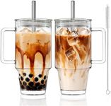KEMORELA 24oz Clear Glass Tumbler with Handle, Lid & 13mm Stainless Steel Straws,2 set–Wide-Mouth Reusable Glass Cups for Cold & Hot Drinks, Ideal for Boba,Smoothies, Iced Coffee & Juice, Travel Cup