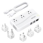 Power Converter BESTEK 220V to 110V 3-Outlet and 4-Port USB Travel Voltage Transformer with Type G/D/M/EU/AU/US Travel Plug Adapters, 200W